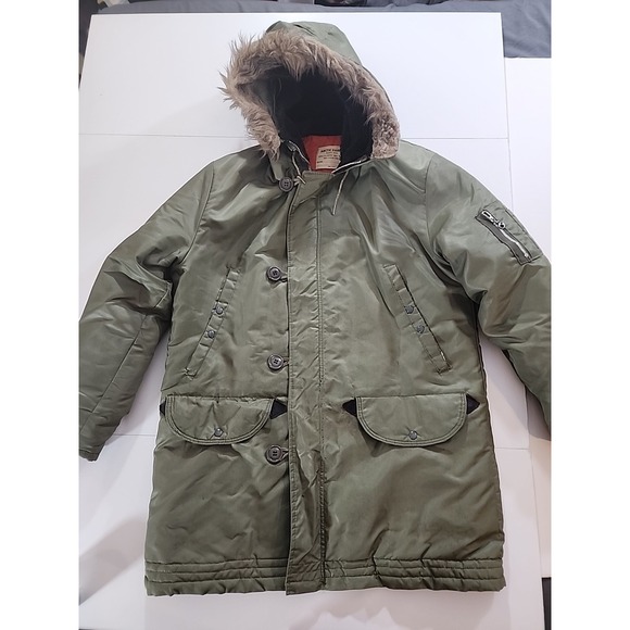 Vintage Arctic Parka Flight Type N-3B Style Olive Green Faux Fur Hood Jacket Med